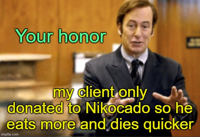 . | Your honor; my client only donated to Nikocado so he eats more and dies quicker | image tagged in saul goodman defending | made w/ Imgflip meme maker