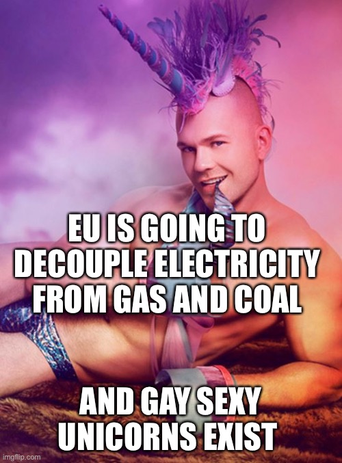 Sexy Gay Unicorn | EU IS GOING TO DECOUPLE ELECTRICITY FROM GAS AND COAL; AND GAY SEXY UNICORNS EXIST | image tagged in sexy gay unicorn | made w/ Imgflip meme maker