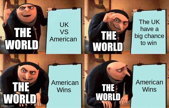 American VS UK | UK VS American; The UK have a big chance to win; THE WORLD; THE WORLD; American Wins; American Wins; THE WORLD; THE WORLD | image tagged in memes,gru's plan | made w/ Imgflip meme maker