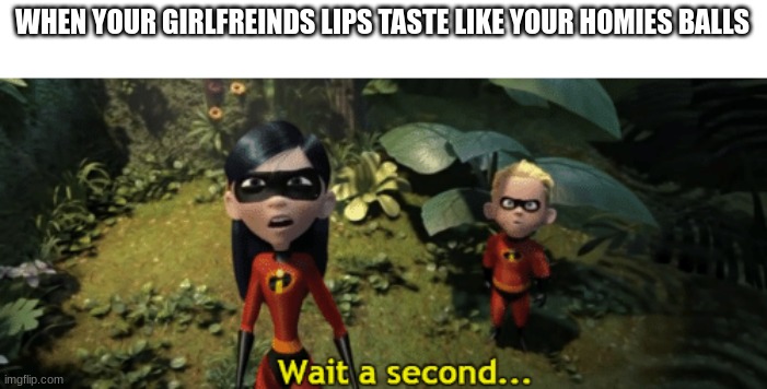 The Incredibles Violet wait a second | WHEN YOUR GIRLFREINDS LIPS TASTE LIKE YOUR HOMIES BALLS | image tagged in the incredibles violet wait a second | made w/ Imgflip meme maker