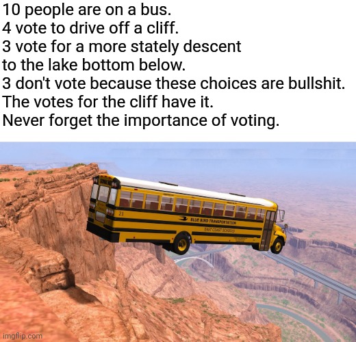 It's the most important election of our lifetimes | 10 people are on a bus.
4 vote to drive off a cliff.
3 vote for a more stately descent 
to the lake bottom below.
3 don't vote because these choices are bullshit.
The votes for the cliff have it.
Never forget the importance of voting. | image tagged in blank white template | made w/ Imgflip meme maker