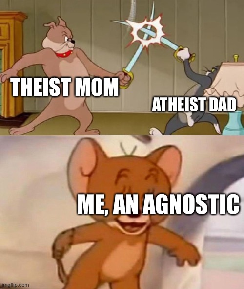 Tom and Jerry swordfight | THEIST MOM; ATHEIST DAD; ME, AN AGNOSTIC | image tagged in tom and jerry swordfight | made w/ Imgflip meme maker