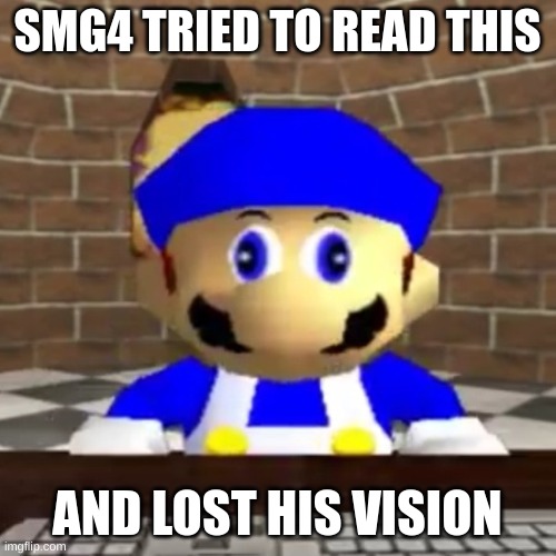 Smg4 derp | SMG4 TRIED TO READ THIS AND LOST HIS VISION | image tagged in smg4 derp | made w/ Imgflip meme maker