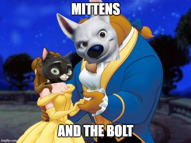 mittens and the bolt | MITTENS; AND THE BOLT | image tagged in beauty and the beast,dogs,cats,romance | made w/ Imgflip meme maker