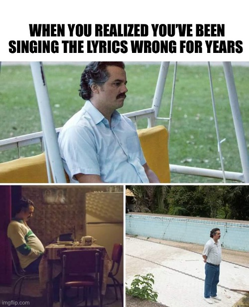 Sad Pablo Escobar | WHEN YOU REALIZED YOU’VE BEEN SINGING THE LYRICS WRONG FOR YEARS | image tagged in memes,sad pablo escobar | made w/ Imgflip meme maker