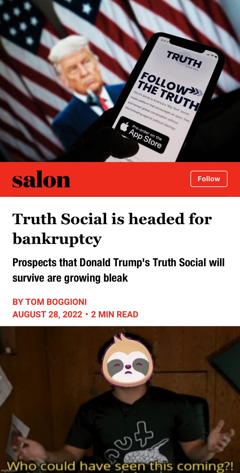 Wow, that’s crazy | image tagged in truth social is headed for bankruptcy,trump is an asshole,donald trump is an idiot,truth social,social media,bankruptcy | made w/ Imgflip meme maker