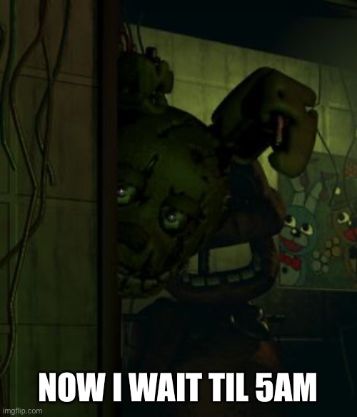 springtrap in door | NOW I WAIT TIL 5AM | image tagged in springtrap in door | made w/ Imgflip meme maker