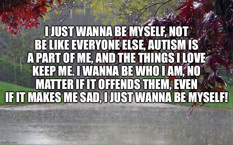 :( | I JUST WANNA BE MYSELF, NOT BE LIKE EVERYONE ELSE, AUTISM IS A PART OF ME, AND THE THINGS I LOVE KEEP ME. I WANNA BE WHO I AM, NO MATTER IF IT OFFENDS THEM, EVEN IF IT MAKES ME SAD, I JUST WANNA BE MYSELF! | image tagged in rainy day | made w/ Imgflip meme maker