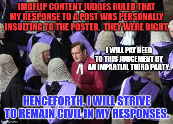 I am sorry if any of my responses were offensive to you. | IMGFLIP CONTENT JUDGES RULED THAT MY RESPONSE TO A POST WAS PERSONALLY INSULTING TO THE POSTER.  THEY WERE RIGHT. I WILL PAY HEED TO THIS JUDGEMENT BY AN IMPARTIAL THIRD PARTY. HENCEFORTH, I WILL STRIVE TO REMAIN CIVIL IN MY RESPONSES. | image tagged in politics | made w/ Imgflip meme maker