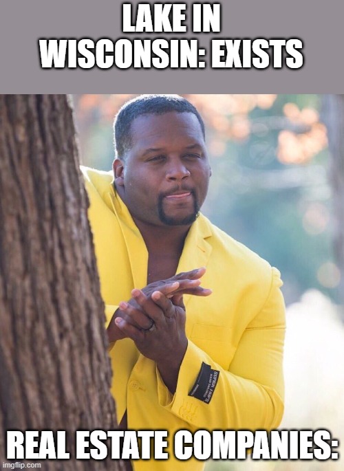 Black guy hiding behind tree | LAKE IN WISCONSIN: EXISTS; REAL ESTATE COMPANIES: | image tagged in black guy hiding behind tree | made w/ Imgflip meme maker