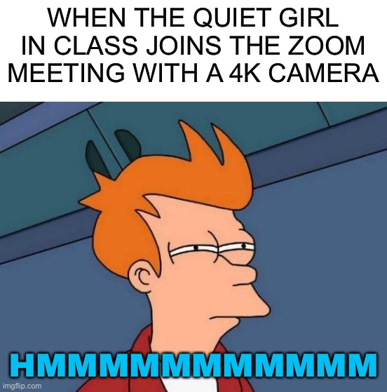 Hmmm, what could this mean? | WHEN THE QUIET GIRL IN CLASS JOINS THE ZOOM MEETING WITH A 4K CAMERA; HMMMMMMMMMMM | image tagged in memes,futurama fry,funny,4k,quiet kid,school | made w/ Imgflip meme maker