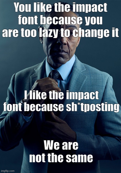sh**post font | You like the impact font because you are too lazy to change it; I like the impact font because sh*tposting; We are not the same | image tagged in gus fring we are not the same,fonts,font,we are not the same | made w/ Imgflip meme maker
