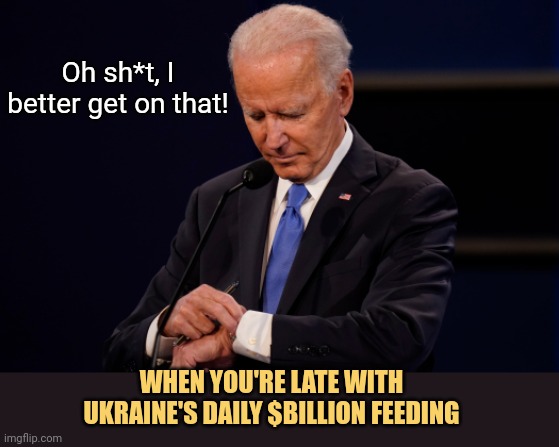Feeding the dog before it gnaws your hand off | Oh sh*t, I better get on that! WHEN YOU'RE LATE WITH UKRAINE'S DAILY $BILLION FEEDING | image tagged in biden watch,ukraine,democrat logic,bankrupting the nation,economic waste,biden fail | made w/ Imgflip meme maker