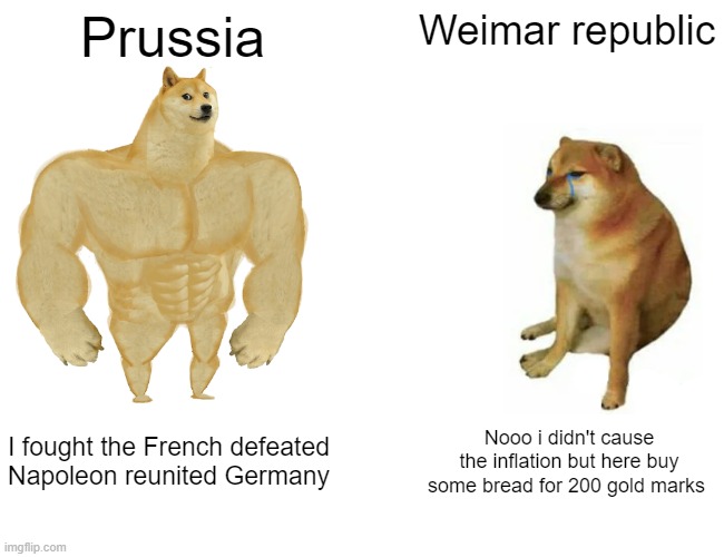 Buff Doge vs. Cheems Meme | Prussia; Weimar republic; I fought the French defeated Napoleon reunited Germany; Nooo i didn't cause the inflation but here buy some bread for 200 gold marks | image tagged in memes,buff doge vs cheems,prussia | made w/ Imgflip meme maker