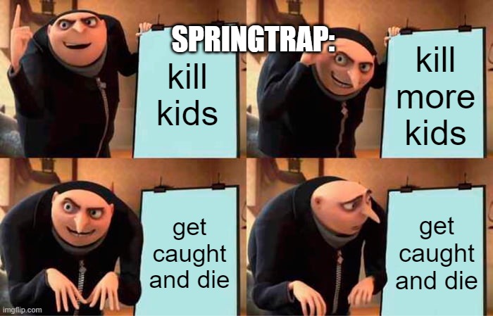 good try william, good try | SPRINGTRAP:; kill kids; kill more kids; get caught and die; get caught and die | image tagged in memes,gru's plan,fnaf,springtrap | made w/ Imgflip meme maker