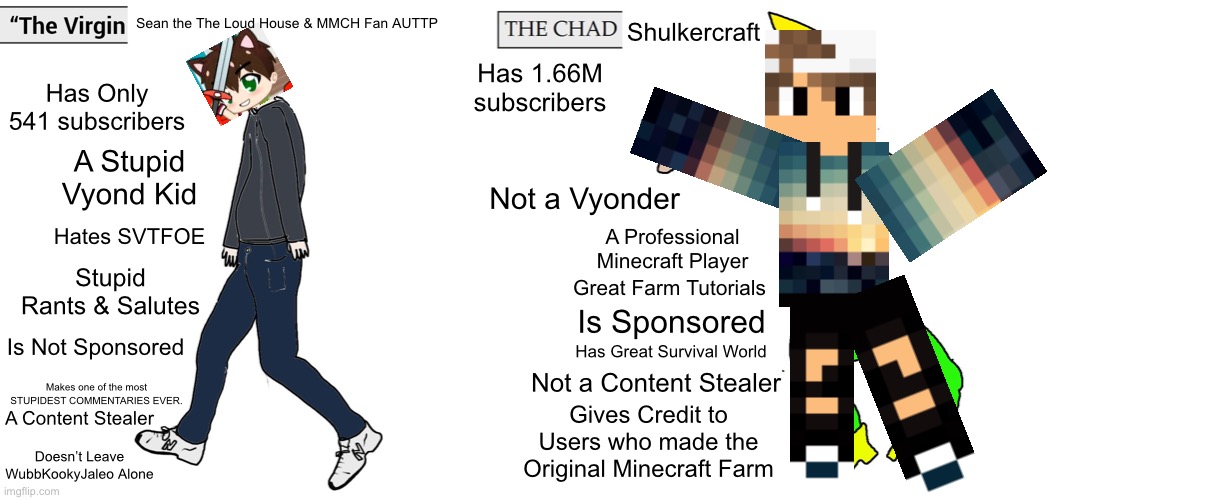 The Virgin Sean the Loud House & MMCH Fan AUTTP vs. The Chad Shulkercraft | Sean the The Loud House & MMCH Fan AUTTP; Shulkercraft; Has 1.66M subscribers; Has Only 541 subscribers; A Stupid Vyond Kid; Not a Vyonder; Hates SVTFOE; A Professional Minecraft Player; Great Farm Tutorials; Stupid Rants & Salutes; Is Sponsored; Is Not Sponsored; Has Great Survival World; Not a Content Stealer; Makes one of the most STUPIDEST COMMENTARIES EVER. A Content Stealer; Gives Credit to Users who made the Original Minecraft Farm; Doesn’t Leave WubbKookyJaleo Alone | image tagged in virgin and chad,memes,virgin vs chad,minecraft,goanimate,vyond | made w/ Imgflip meme maker