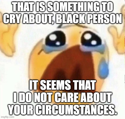 boo hooo | THAT IS SOMETHING TO CRY ABOUT, BLACK PERSON; IT SEEMS THAT I DO NOT CARE ABOUT YOUR CIRCUMSTANCES. | image tagged in boo hooo | made w/ Imgflip meme maker