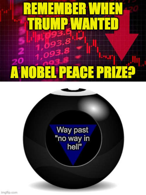 They say anything's possible, but of course it isn't. | REMEMBER WHEN
TRUMP WANTED; A NOBEL PEACE PRIZE? Way past
"no way in
  hell" | image tagged in magic 8 ball,stocks down,loser trump | made w/ Imgflip meme maker