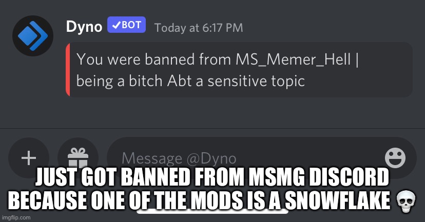 JUST GOT BANNED FROM MSMG DISCORD BECAUSE ONE OF THE MODS IS A SNOWFLAKE 💀 | made w/ Imgflip meme maker