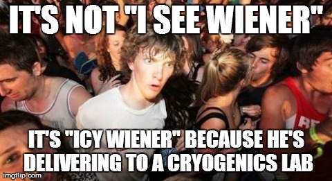 Sudden Clarity Clarence Meme | IT'S NOT "I SEE WIENER" IT'S "ICY WIENER" BECAUSE HE'S DELIVERING TO A CRYOGENICS LAB | image tagged in memes,sudden clarity clarence,AdviceAnimals | made w/ Imgflip meme maker