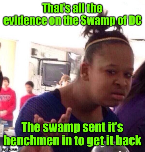 Black Girl Wat Meme | That’s all the evidence on the Swamp of DC The swamp sent it’s henchmen in to get it back | image tagged in memes,black girl wat | made w/ Imgflip meme maker