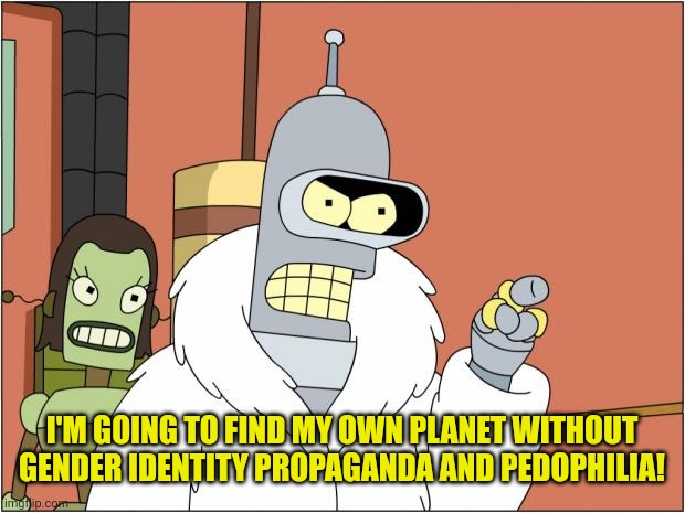 Bender Meme | I'M GOING TO FIND MY OWN PLANET WITHOUT GENDER IDENTITY PROPAGANDA AND PEDOPHILIA! | image tagged in memes,bender | made w/ Imgflip meme maker