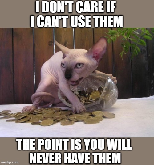 I DON'T CARE IF 
I CAN'T USE THEM; THE POINT IS YOU WILL 
NEVER HAVE THEM | image tagged in sphinx cat,greed,gold coins | made w/ Imgflip meme maker