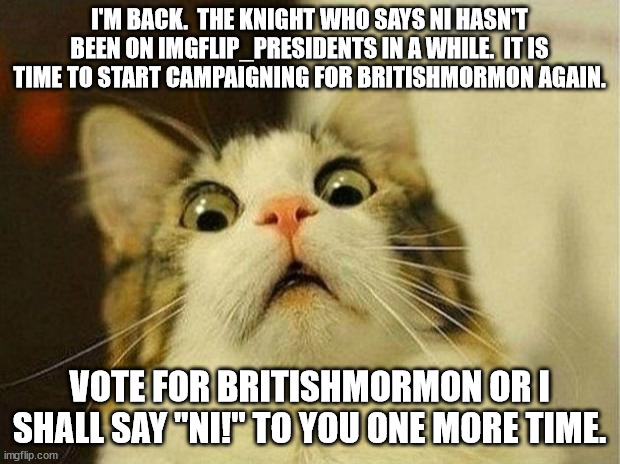 Oh, what sad times are these when passing Knights can say "Ni" at will to people on IMGFLIP_PRESIDENT | I'M BACK.  THE KNIGHT WHO SAYS NI HASN'T BEEN ON IMGFLIP_PRESIDENTS IN A WHILE.  IT IS TIME TO START CAMPAIGNING FOR BRITISHMORMON AGAIN. VOTE FOR BRITISHMORMON OR I SHALL SAY "NI!" TO YOU ONE MORE TIME. | image tagged in memes,scared cat | made w/ Imgflip meme maker