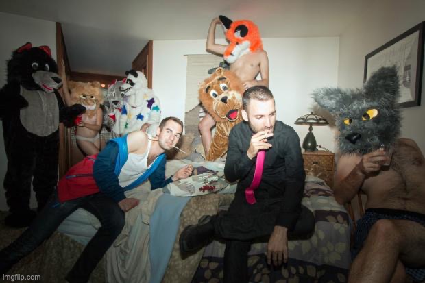 name one healthy thing that is happening in this image | image tagged in furry room party | made w/ Imgflip meme maker