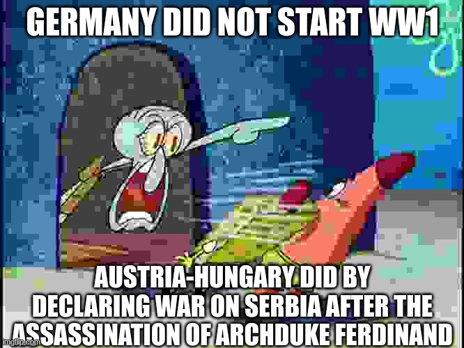 WHEN IS SOMEONE GOING TO SAY THIS! | GERMANY DID NOT START WW1; AUSTRIA-HUNGARY DID BY DECLARING WAR ON SERBIA AFTER THE ASSASSINATION OF ARCHDUKE FERDINAND | made w/ Imgflip meme maker
