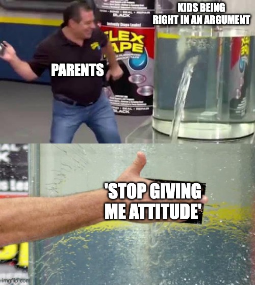 yes.... just yes | KIDS BEING RIGHT IN AN ARGUMENT; PARENTS; 'STOP GIVING ME ATTITUDE' | image tagged in flex tape | made w/ Imgflip meme maker