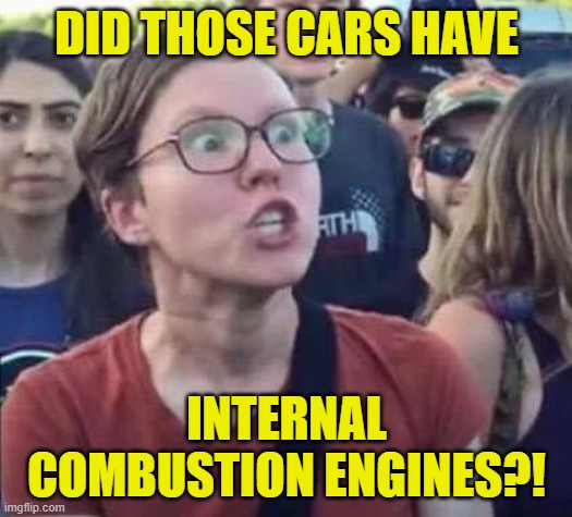 Angry Liberal | DID THOSE CARS HAVE INTERNAL COMBUSTION ENGINES?! | image tagged in angry liberal | made w/ Imgflip meme maker