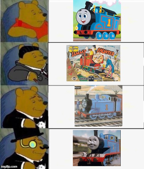 TTTE Thomas The Tank Engine Meme | image tagged in tuxedo winnie the pooh 4 panel | made w/ Imgflip meme maker