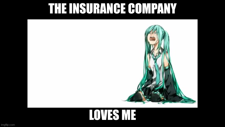 crying miku hatsune | THE INSURANCE COMPANY; LOVES ME | image tagged in crying miku hatsune | made w/ Imgflip meme maker