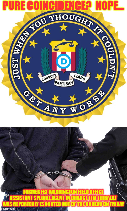 Yup... no bias in the FBI... honest... | PURE COINCIDENCE?  NOPE... FORMER FBI WASHINGTON FIELD OFFICE ASSISTANT SPECIAL AGENT IN CHARGE TIM THIBAULT WAS REPORTEDLY ESCORTED OUT OF THE BUREAU ON FRIDAY | image tagged in fbi,bias | made w/ Imgflip meme maker