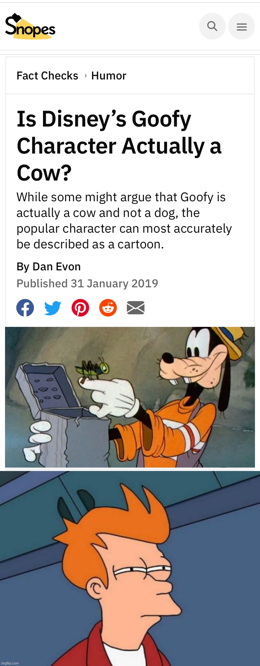image tagged in snopes banner,is goofy a cow,memes,futurama fry | made w/ Imgflip meme maker