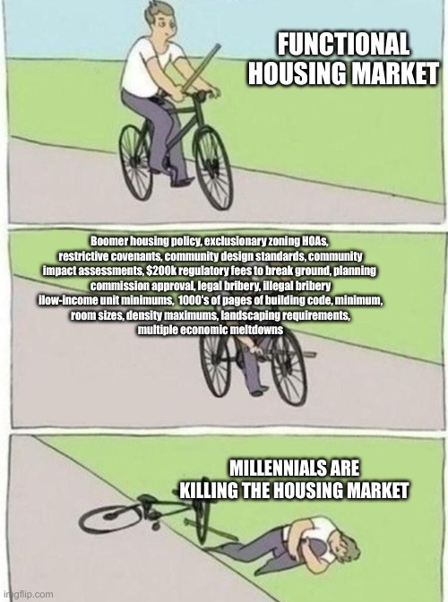 stick in bike meme | FUNCTIONAL HOUSING MARKET; Boomer housing policy, exclusionary zoning HOAs, 
restrictive covenants, community design standards, community
impact assessments, $200k regulatory fees to break ground, planning 
commission approval, legal bribery, illegal bribery
ilow-income unit minimums,  1000's of pages of building code, minimum,
room sizes, density maximums, landscaping requirements,
multiple economic meltdowns; MILLENNIALS ARE KILLING THE HOUSING MARKET | image tagged in stick in bike meme,yimby | made w/ Imgflip meme maker
