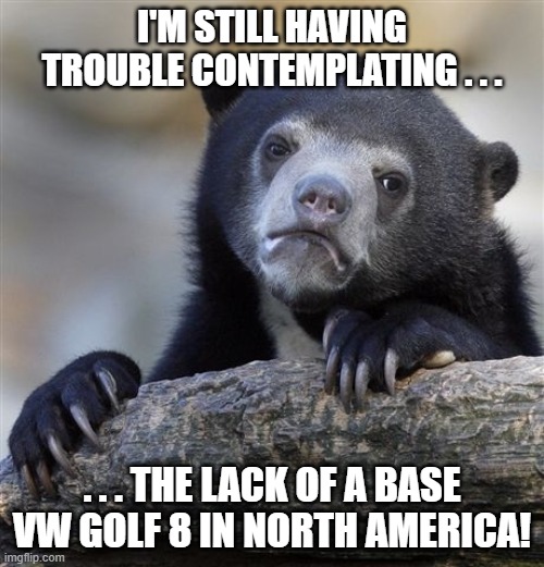 Confession Bear Mark 8 Golf | I'M STILL HAVING TROUBLE CONTEMPLATING . . . . . . THE LACK OF A BASE VW GOLF 8 IN NORTH AMERICA! | image tagged in memes,confession bear,vw golf,golf 8,bring the base mark 8 golf to north america | made w/ Imgflip meme maker