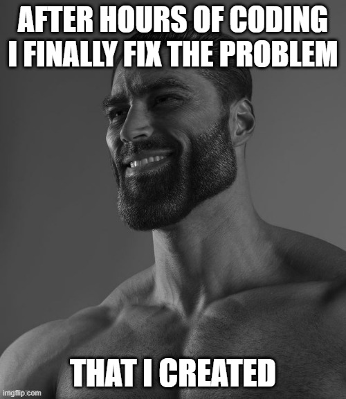 my problem, my rule | AFTER HOURS OF CODING I FINALLY FIX THE PROBLEM; THAT I CREATED | image tagged in giga chad | made w/ Imgflip meme maker