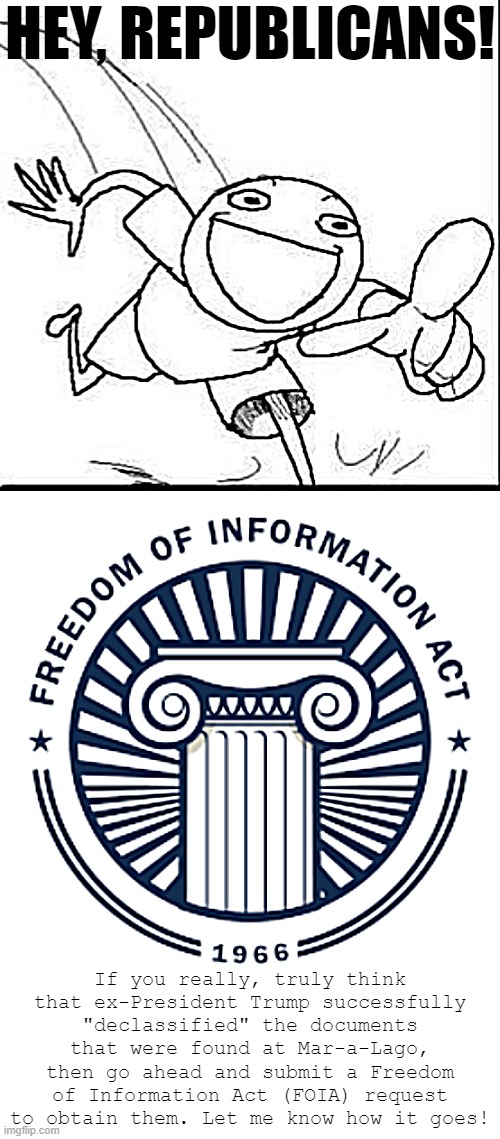 The Freedom of Information Act can be used by any member of the public to obtain any non-classified document. Should be an airti | HEY, REPUBLICANS! If you really, truly think that ex-President Trump successfully "declassified" the documents that were found at Mar-a-Lago, then go ahead and submit a Freedom of Information Act (FOIA) request to obtain them. Let me know how it goes! | image tagged in trollbait panel 1,freedom of information act foia | made w/ Imgflip meme maker
