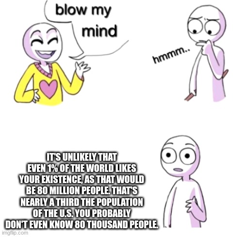 I feel emotion | IT'S UNLIKELY THAT EVEN 1% OF THE WORLD LIKES YOUR EXISTENCE, AS THAT WOULD BE 80 MILLION PEOPLE. THAT'S NEARLY A THIRD THE POPULATION OF THE U.S. YOU PROBABLY DON'T EVEN KNOW 80 THOUSAND PEOPLE. | image tagged in blow my mind | made w/ Imgflip meme maker