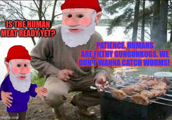 The stream next week after I leave office... | IS THE HUMAN MEAT READY YET? PATIENCE. HUMANS ARE FILTHY GUNGUNKUGS. WE DON'T WANNA CATCH WORMS! | image tagged in grill dog man,gnomes,eat,human,meat | made w/ Imgflip meme maker
