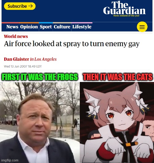 Felix the Trap, the wonderful, wonderful Trap. The Cult of the Witch is kinda like the Illuminati Jones & David Icke talk about. | THEN IT WAS THE CATS; FIRST IT WAS THE FROGS | image tagged in alex jones,re zero,traps,anime,chemicals,conspiracy theories | made w/ Imgflip meme maker