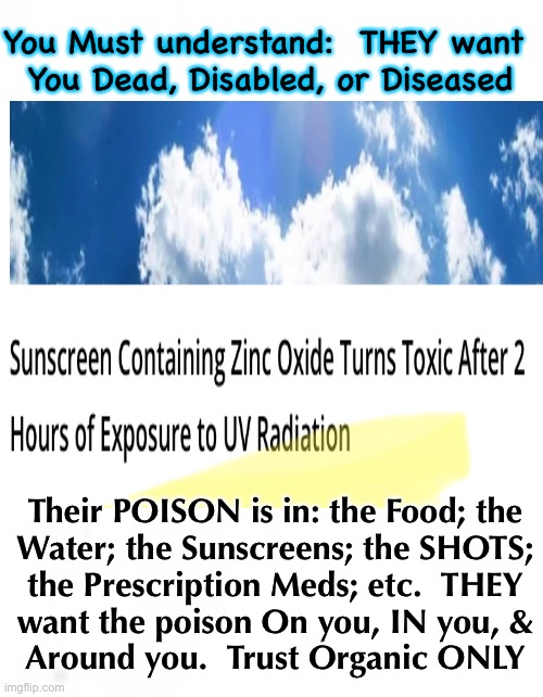 Question Everything | You Must understand:  THEY want
 You Dead, Disabled, or Diseased; Their POISON is in: the Food; the
Water; the Sunscreens; the SHOTS;
the Prescription Meds; etc.  THEY
want the poison On you, IN you, &
Around you.  Trust Organic ONLY | image tagged in memes,they cant be trusted,they only benefit themselves,not you or me,widespread and complex scheme,believe it or suffer | made w/ Imgflip meme maker