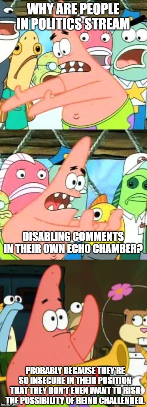 WHY ARE PEOPLE IN POLITICS STREAM; DISABLING COMMENTS IN THEIR OWN ECHO CHAMBER? PROBABLY BECAUSE THEY'RE SO INSECURE IN THEIR POSITION THAT THEY DON'T EVEN WANT TO RISK THE POSSIBILITY OF BEING CHALLENGED. | image tagged in memes,put it somewhere else patrick,no patrick | made w/ Imgflip meme maker