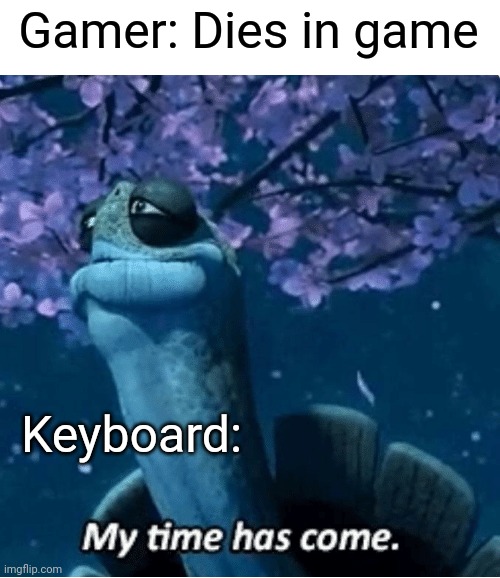 R.I.P. keyboard | Gamer: Dies in game; Keyboard: | image tagged in my time has come | made w/ Imgflip meme maker