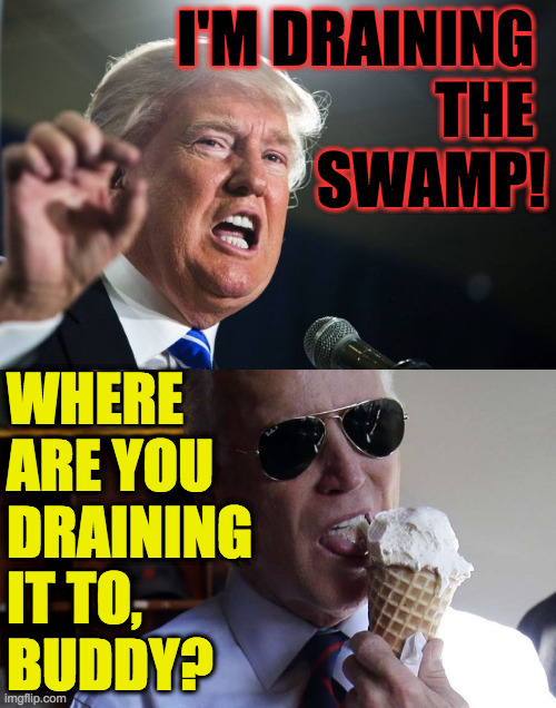 I'M DRAINING 
THE 
SWAMP! WHERE
ARE YOU
DRAINING
IT TO,
BUDDY? | image tagged in donald trump,joe biden ice cream | made w/ Imgflip meme maker
