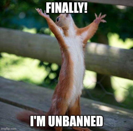 finally | FINALLY! I'M UNBANNED | image tagged in finally | made w/ Imgflip meme maker