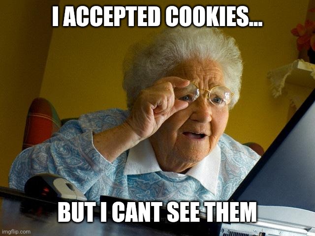 WHERE ARE MY COOKIES???? | I ACCEPTED COOKIES... BUT I CANT SEE THEM | image tagged in memes,grandma finds the internet | made w/ Imgflip meme maker