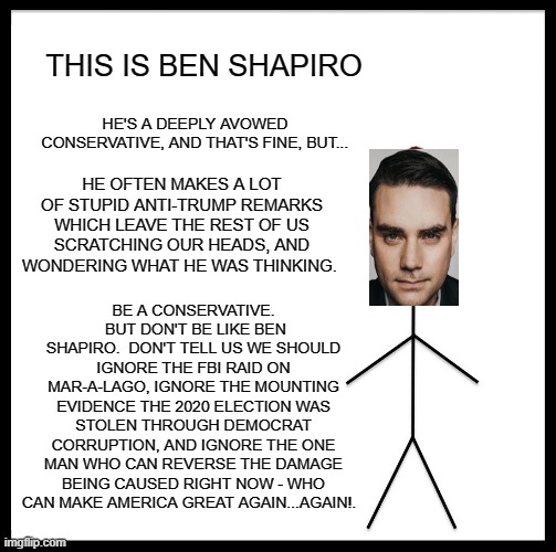 The Folly Of Ben Shapiro | THIS IS BEN SHAPIRO; HE'S A DEEPLY AVOWED CONSERVATIVE, AND THAT'S FINE, BUT... HE OFTEN MAKES A LOT OF STUPID ANTI-TRUMP REMARKS WHICH LEAVE THE REST OF US SCRATCHING OUR HEADS, AND WONDERING WHAT HE WAS THINKING. BE A CONSERVATIVE.  BUT DON'T BE LIKE BEN SHAPIRO.  DON'T TELL US WE SHOULD IGNORE THE FBI RAID ON MAR-A-LAGO, IGNORE THE MOUNTING EVIDENCE THE 2020 ELECTION WAS STOLEN THROUGH DEMOCRAT CORRUPTION, AND IGNORE THE ONE MAN WHO CAN REVERSE THE DAMAGE BEING CAUSED RIGHT NOW - WHO CAN MAKE AMERICA GREAT AGAIN...AGAIN!. | image tagged in memes,be like bill,politics,ben shapiro,donald trump,conservatives | made w/ Imgflip meme maker